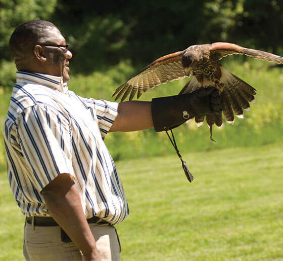 Falconry instructor speaking to guests